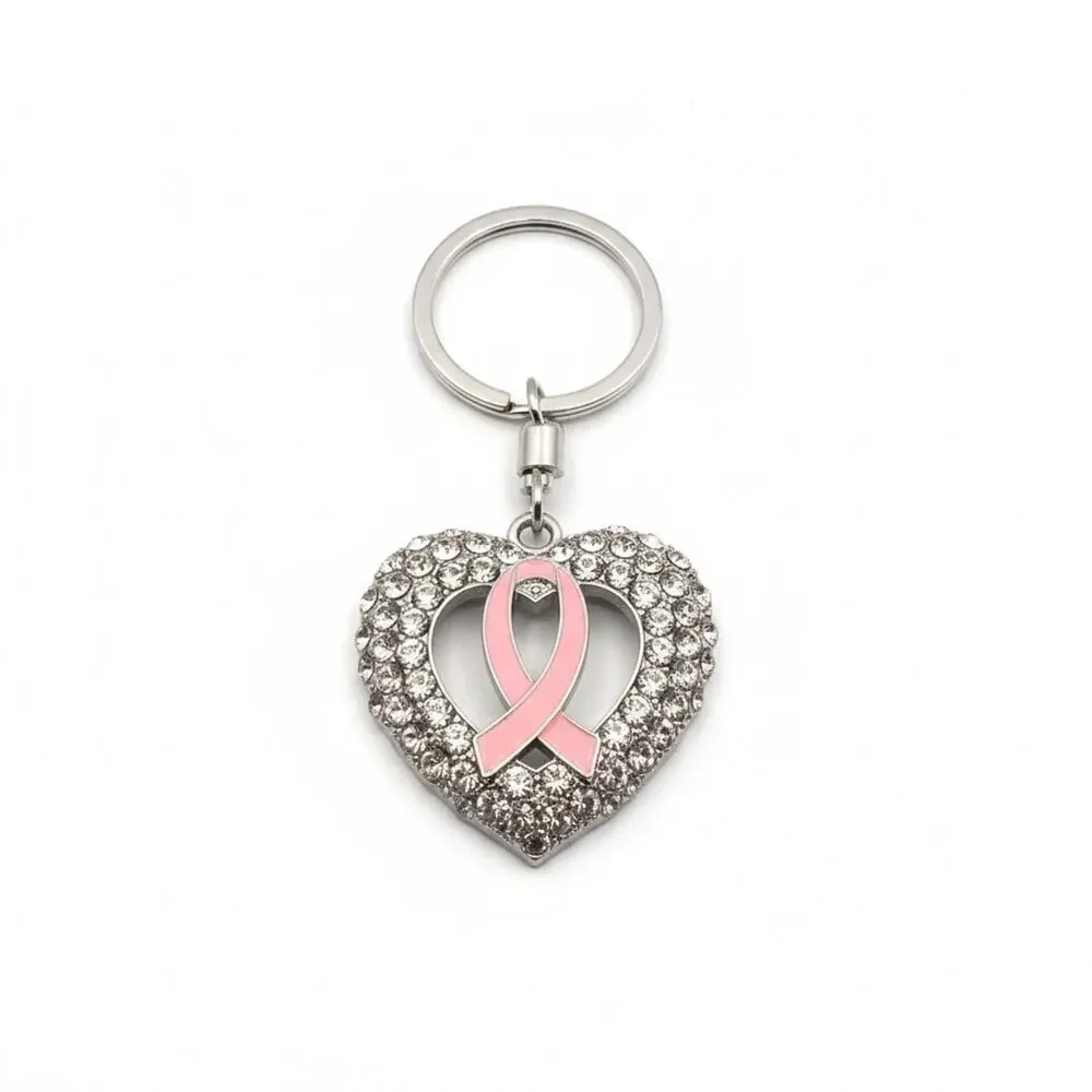 Heart‎ Shaped Crystal Keychain with Pink Breast Cancer Ribbon